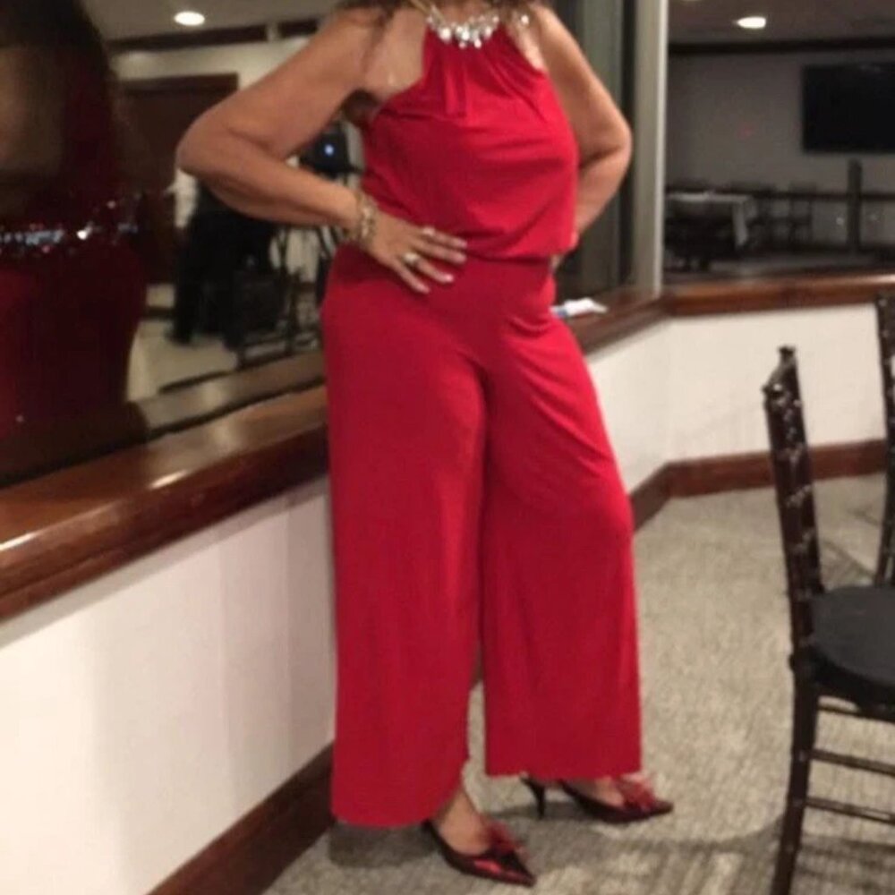 MSK RED Riemstone/Jeweled Necklace Collar Jumpsuit, Size, 16